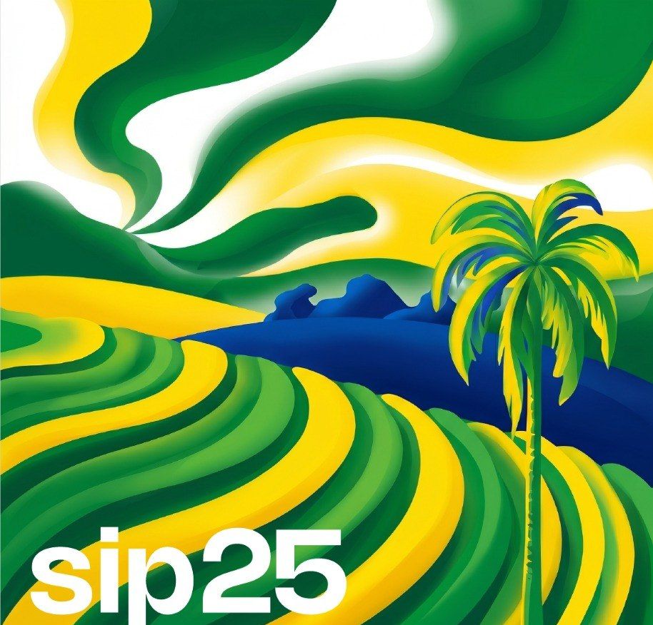 Eticheta sip25 Brasil Mogiana — câmpuri verzi și galbene cu palmier