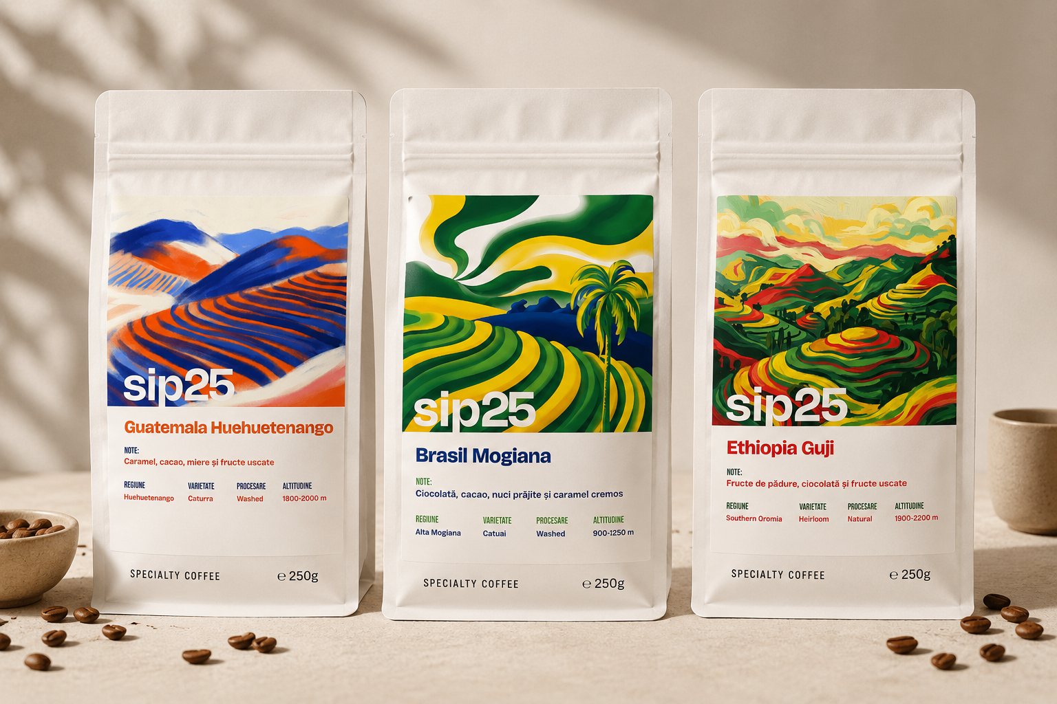 Colecția sip25 — trei pungi de cafea de specialitate: Guatemala, Brasil, Ethiopia