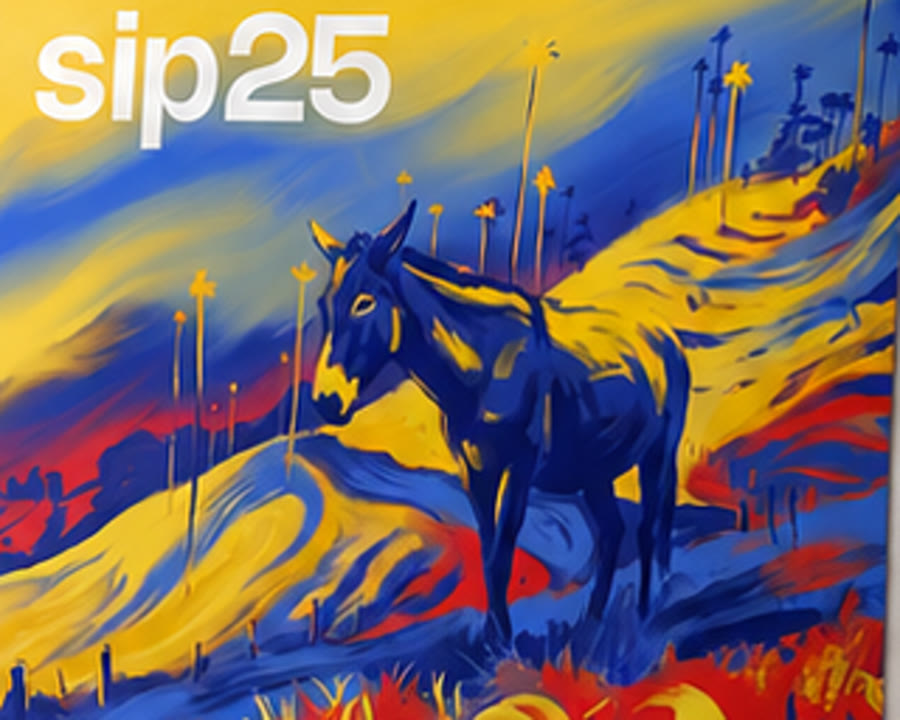 Artwork sip25 Colombia Peach Oasis — cal albastru pe câmp galben cu piersici
