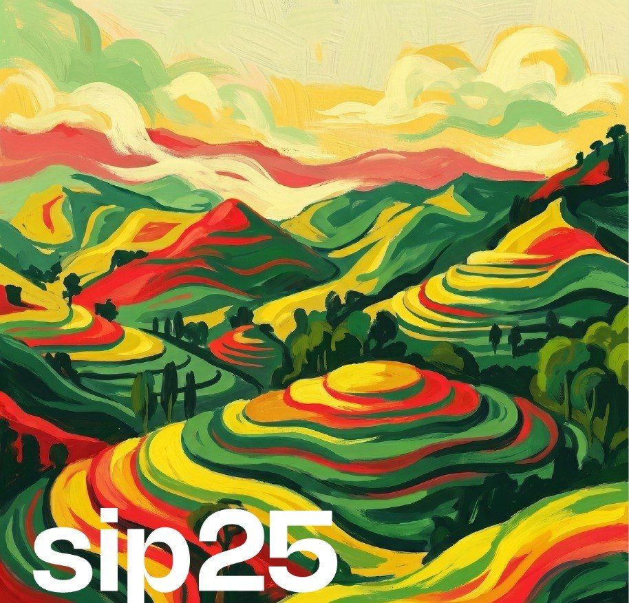 Eticheta sip25 Ethiopia Guji — terase verzi, roșii și galbene